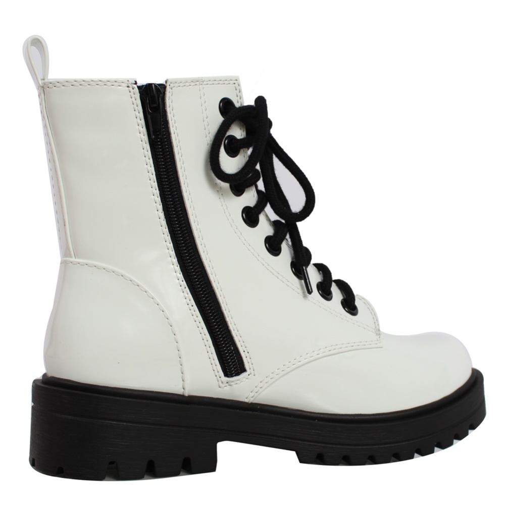 White Faux Patent Leather Combat Lace Up Ankle Boo - Picture 3 of 4